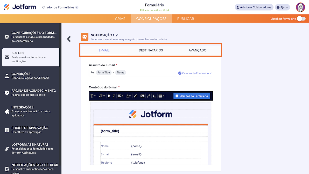 Criador de Formulários - Abas para edição da notificação por e-mail