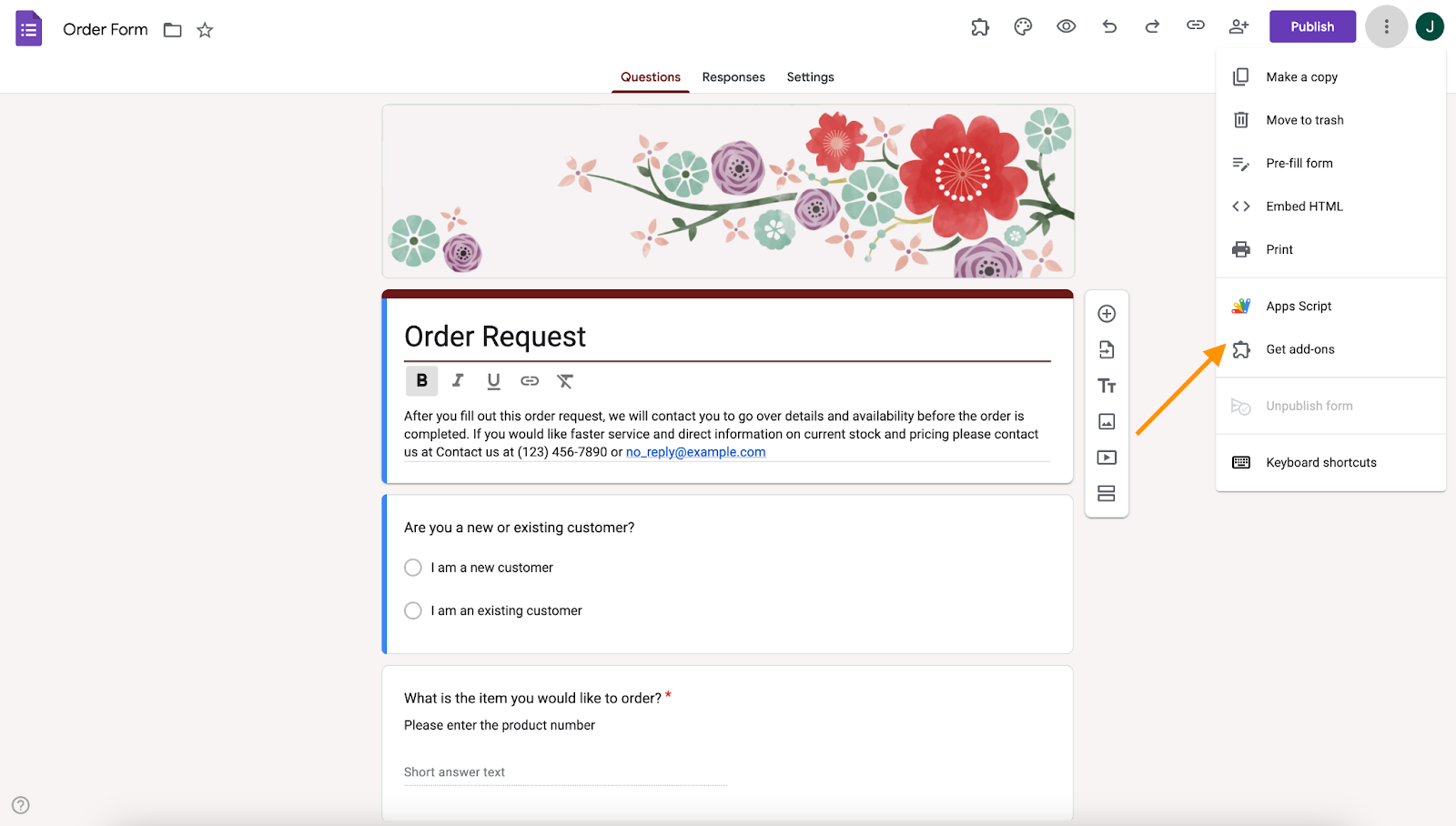 Clicking on the Get add-ons option on Google Forms