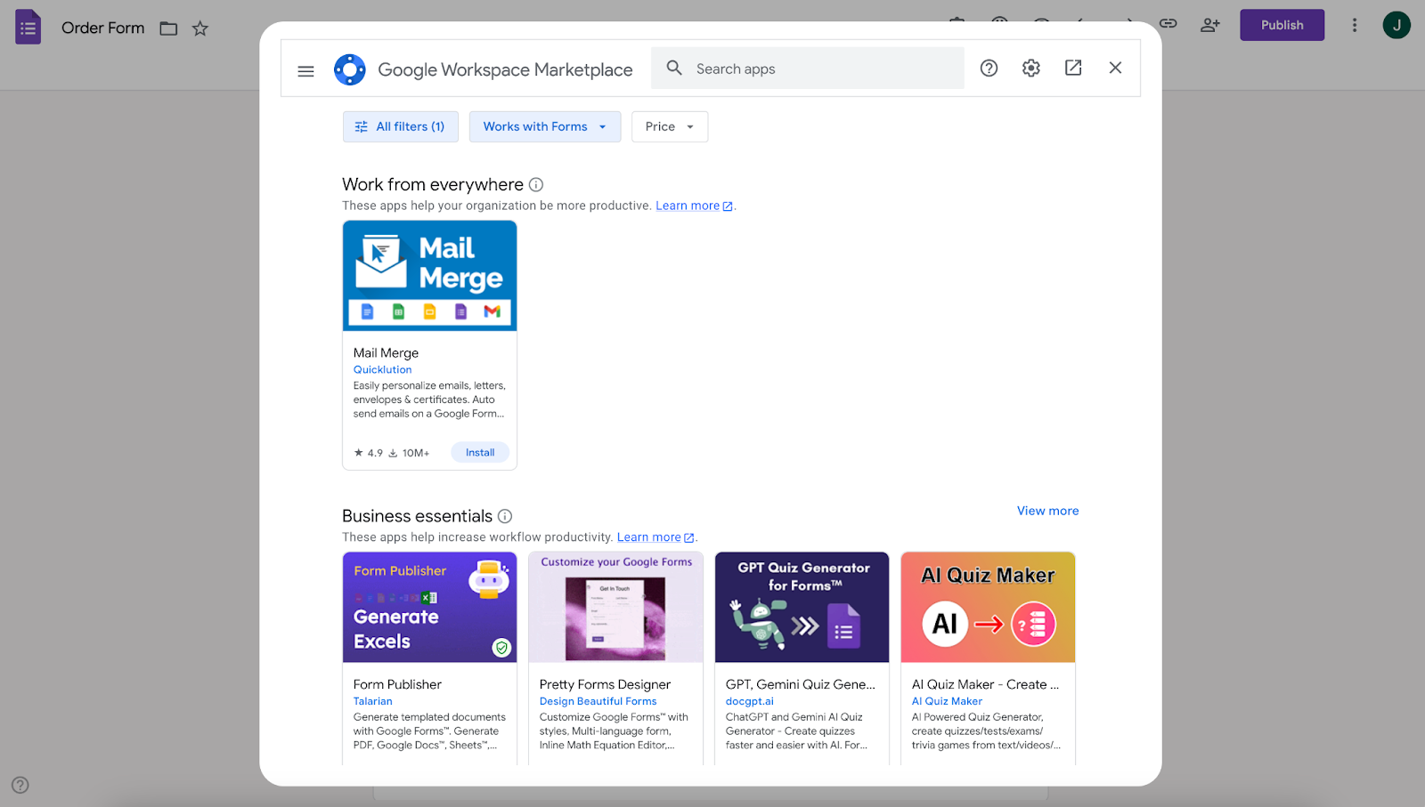 Viewing Google Workspace Marketplace home page window on Google Forms