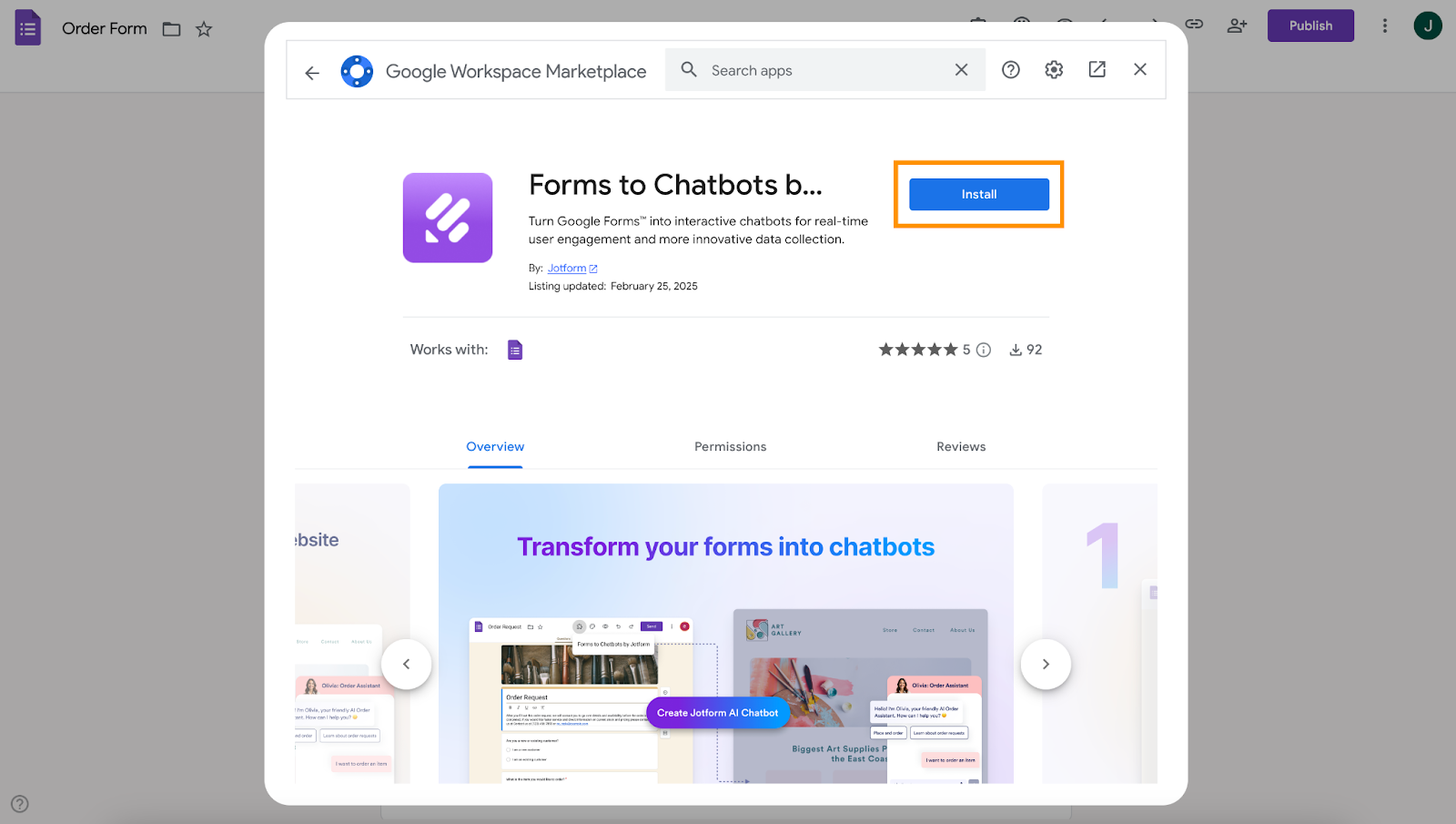 Clicking on the Install button on the Forms to Chatbots by Jotform plug-in on Google Workspace Marketplace