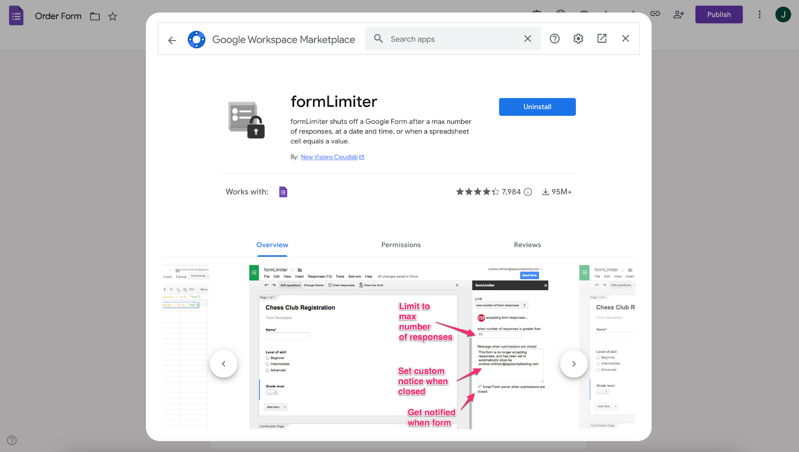 Viewing the formLimiter add-on window on Google Workspace Marketplace