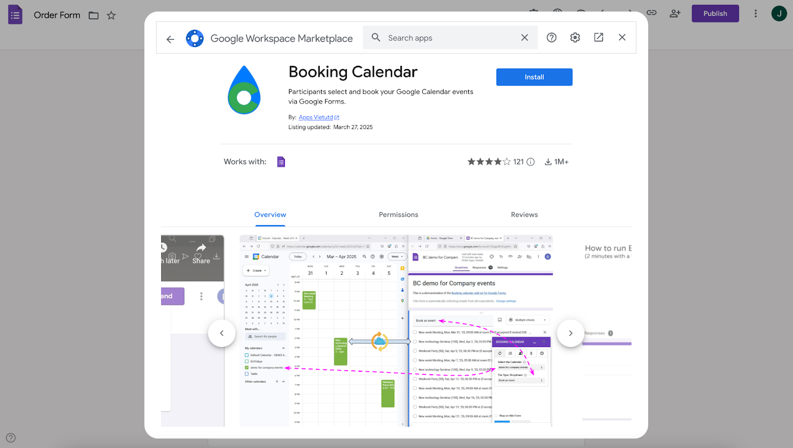 Viewing Booking Calendar add-on window on Google Workspace Marketplace