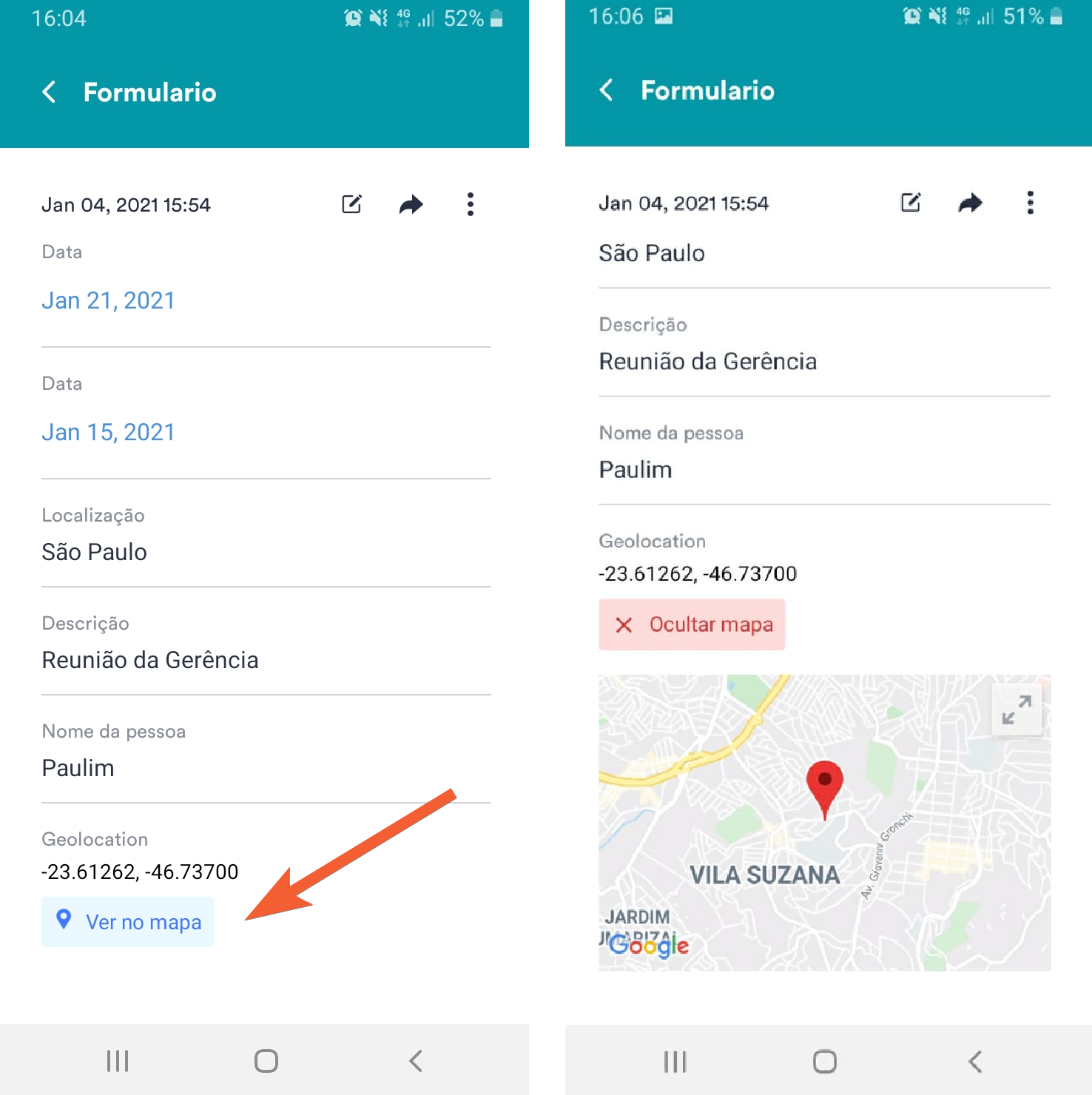 Formulário no app Jotform Formulários Móveis Jotform clicando em Ver no Mapa