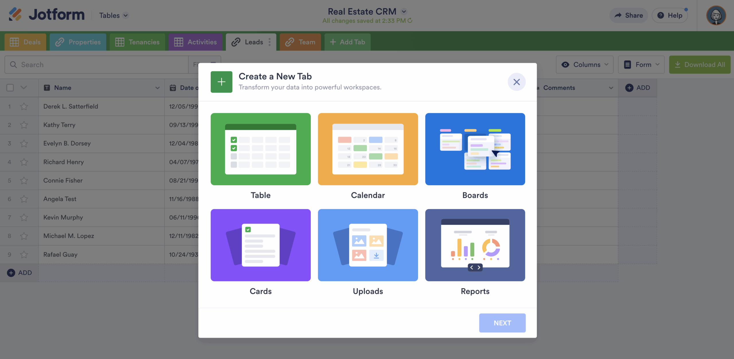 Viewing the options under Create a New Tab window