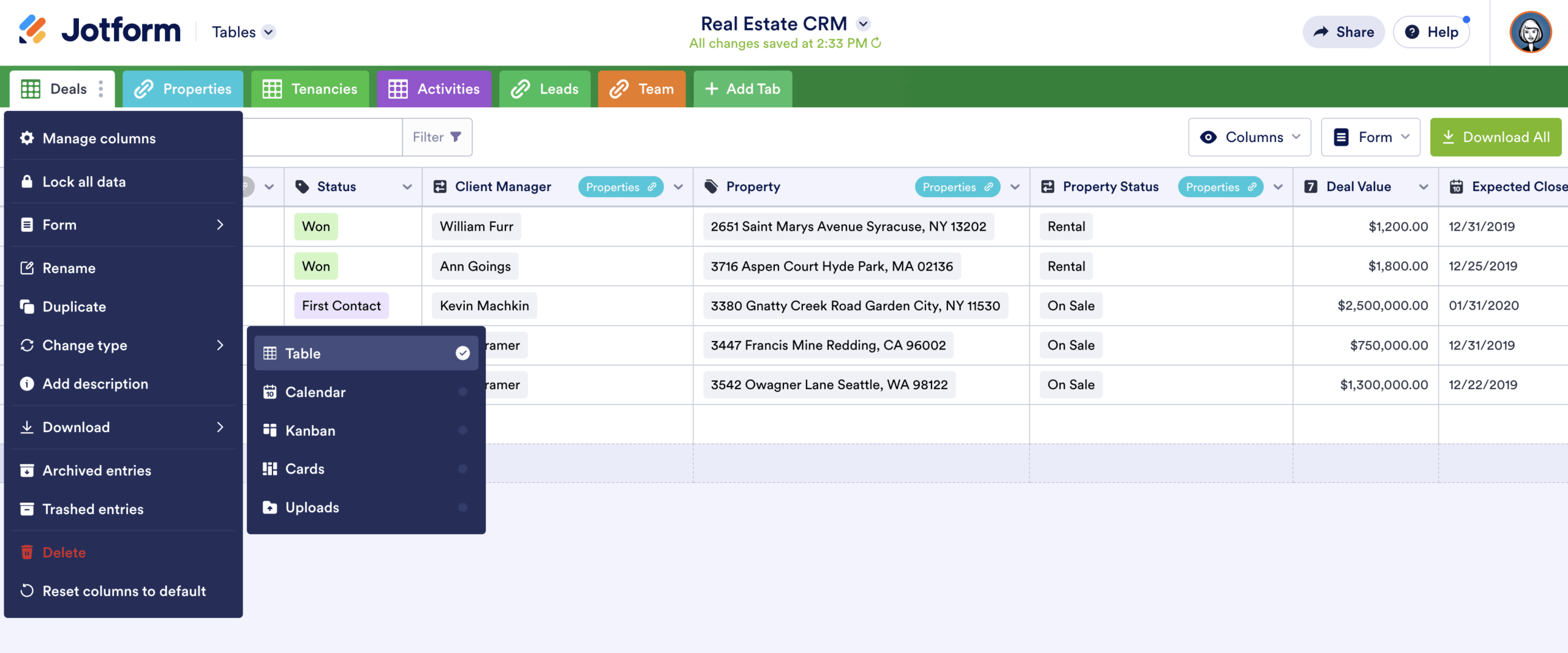 Real Estate CRM Template in Jotform Tables Changing the Layout of the Workspace