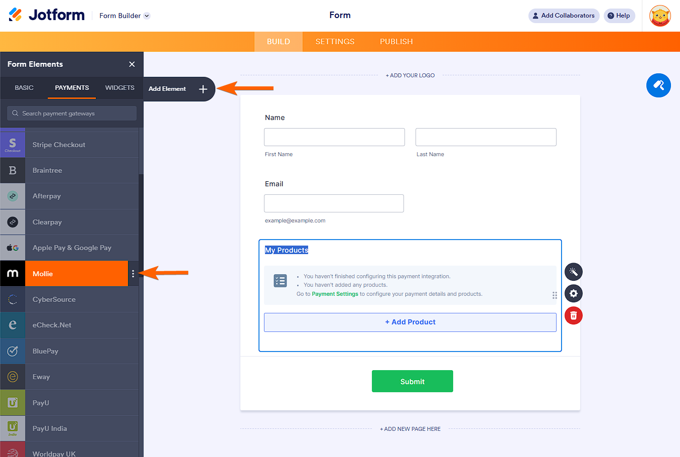 Mollie integration option in the Payments tab of the Jotform Form Builder