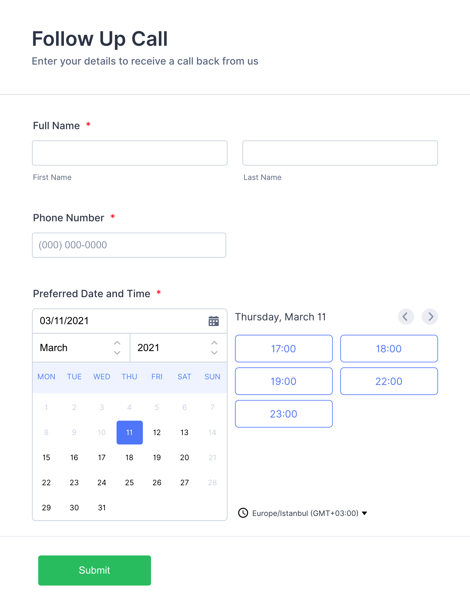Call Back Form Template
