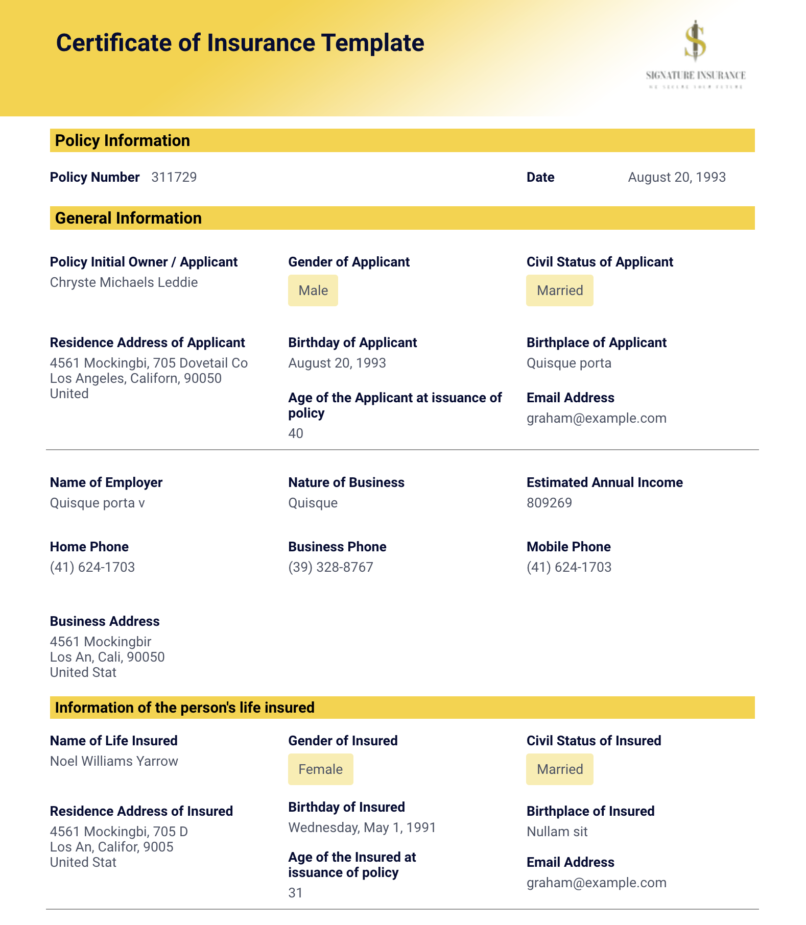 Certificate of Insurance Template