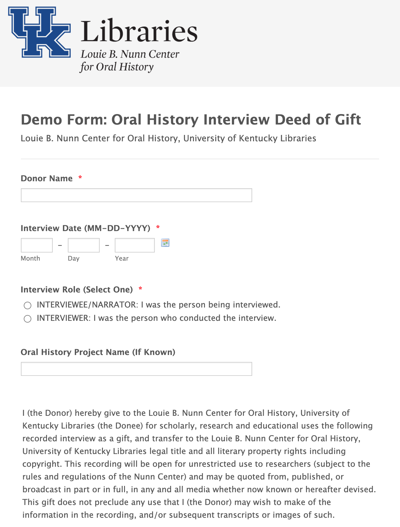 Demo Form Oral History Interview Deed of Gift