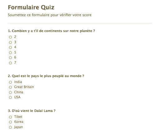 Formulaire Quiz