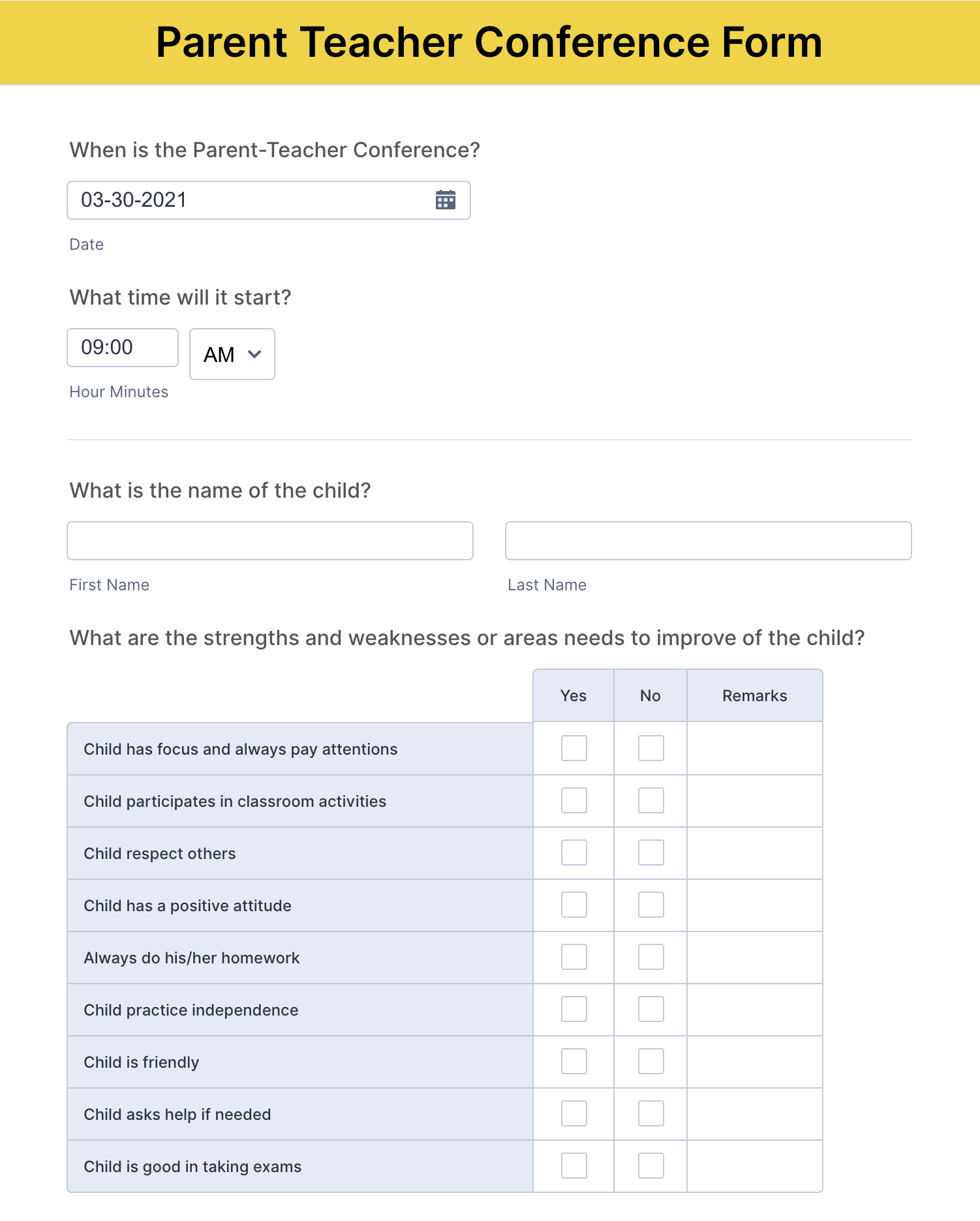 Parent Teacher Conference Form
