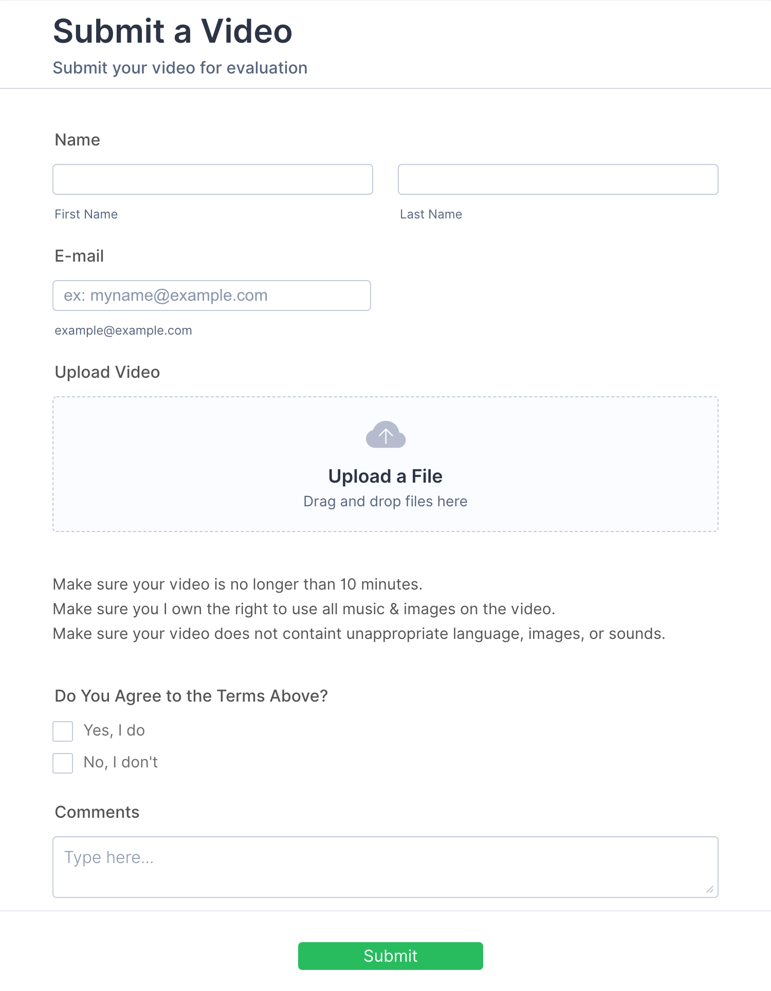 Video Submit Form Template