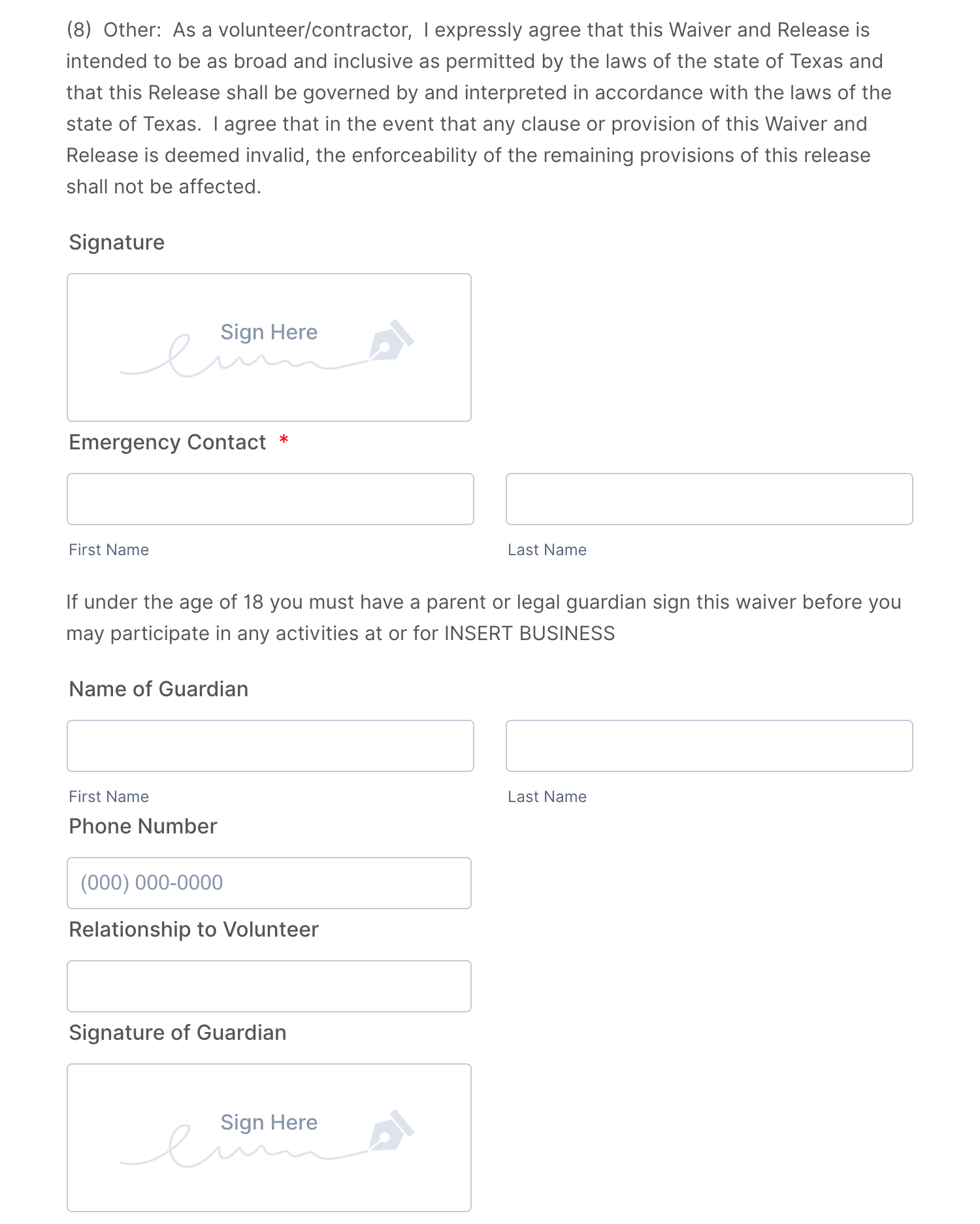 Volunteer Release and Waiver of Liability Form Template