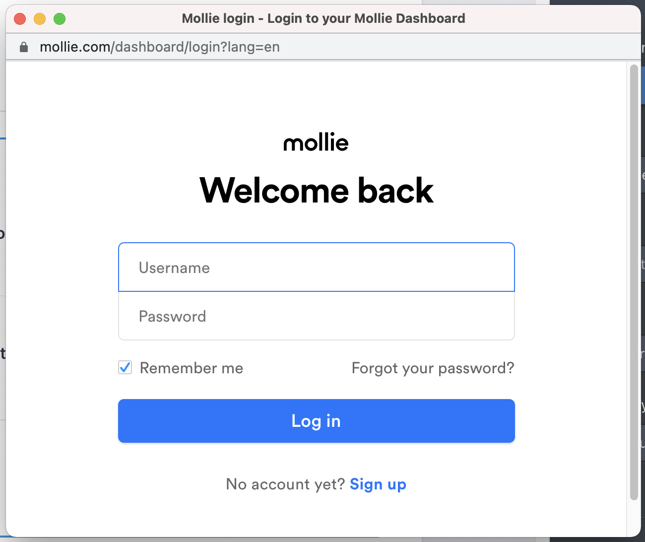 Mollie Account Authentication Page