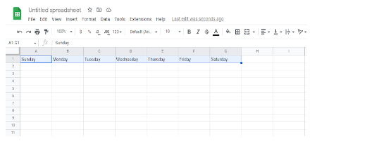 Screenshot of an untitled Google Spreadsheet with the days of the week listed in the top row