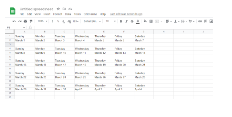 Screenshot of an untitled Google Sheet with the dates Sunday, March 1st to Saturday, April 4th arranged in four rows of seven days