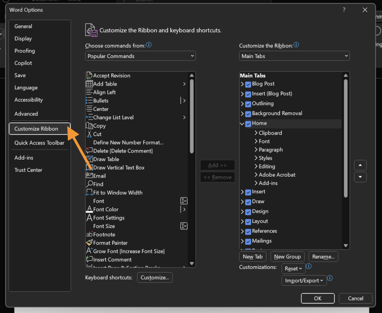 Clicking on the Customize Ribbon option under the Word Options