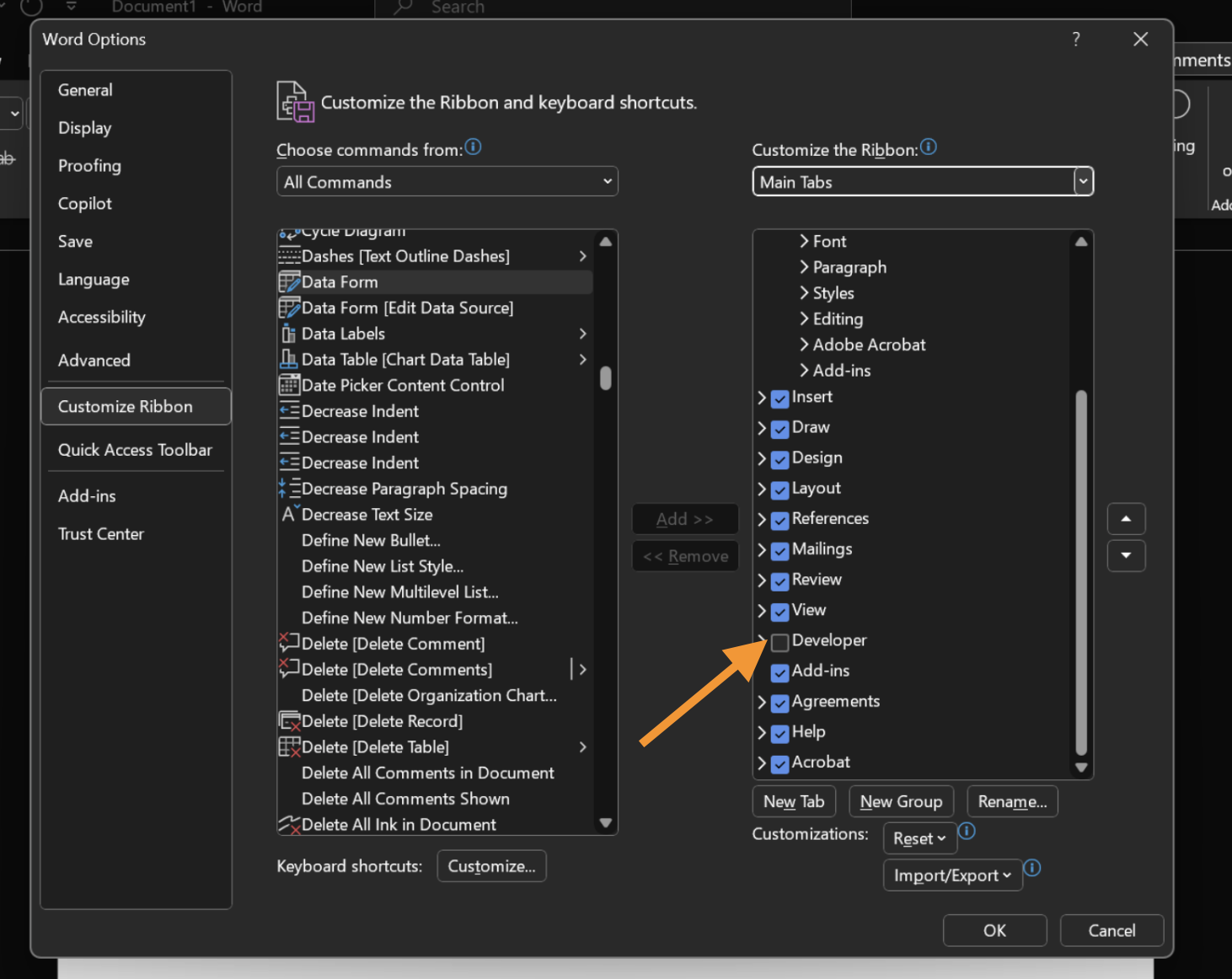 Clicking on the box next to Developer and clicking on OK