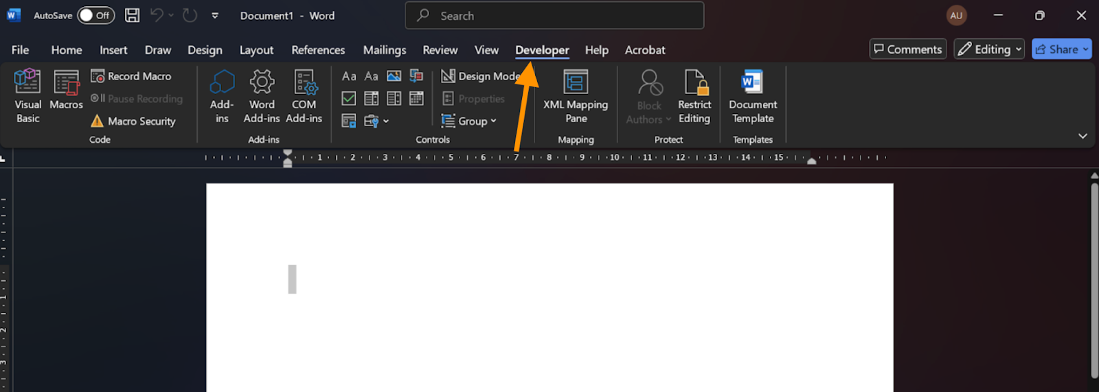 Clicking on the Developer tab on Word