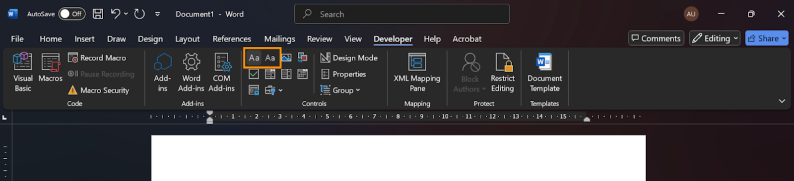 Clickin on the Rich Text Content Control or Plain Text Content Control in the Controls section on Word