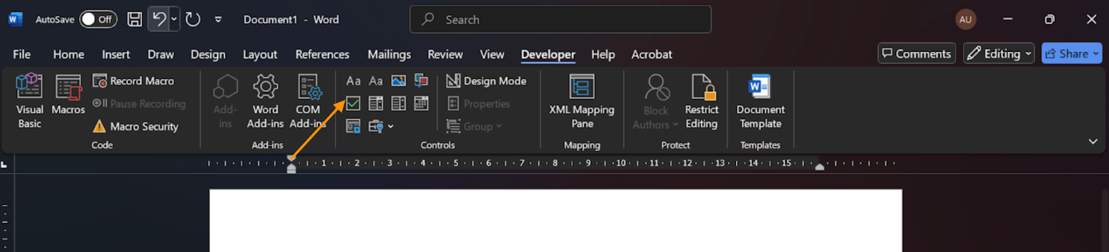 Choosing Checkbox Content Control or Dropdown List Content Control on the Developer tab