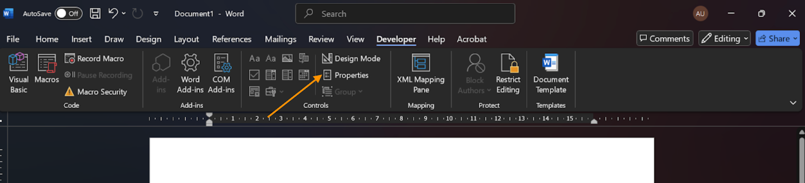 Clicking on the Properties under the Developer tab on Word