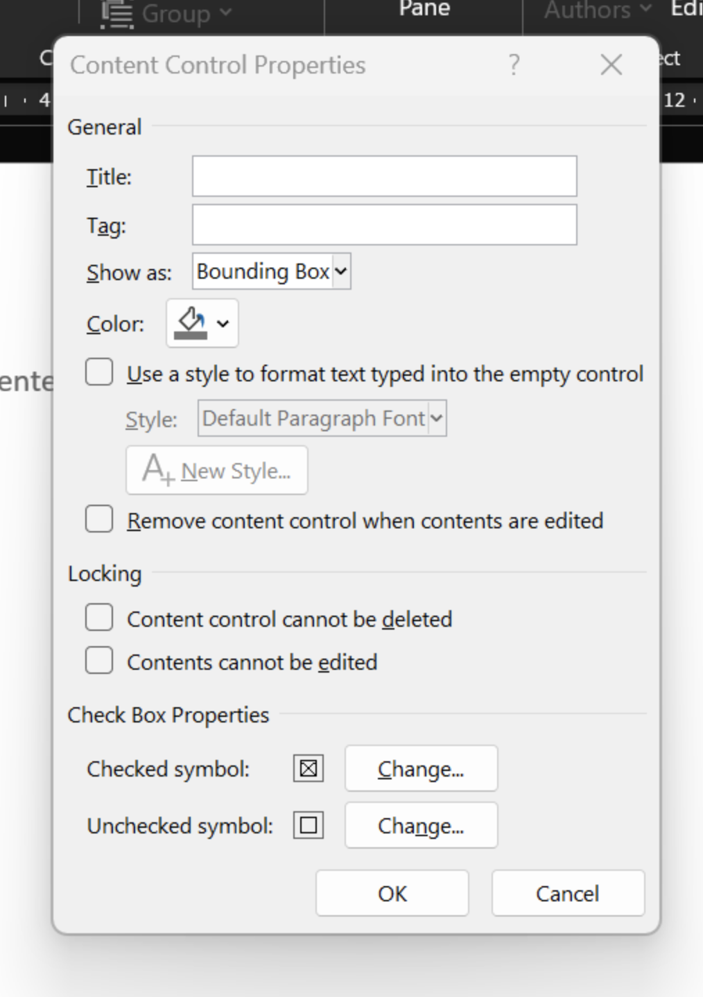 Viewing the Content Control Properties Window