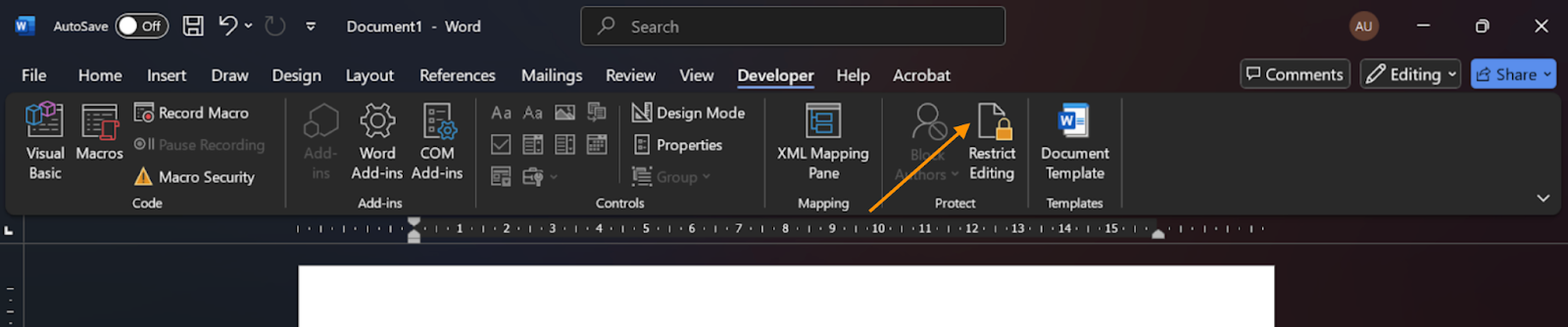 Clicking on the Restrict Editing option under the Developer tab on Word