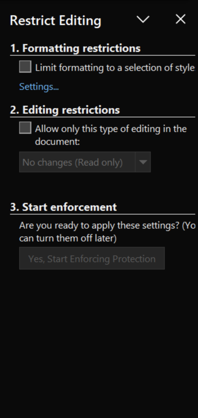 Checking the Allow only this type of editing in the document box and selecting Filling in forms option on Restrict Editing window