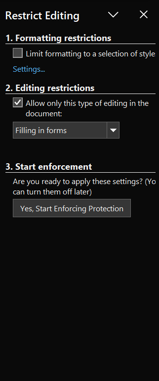 Clicking the Yes, Start Enforcing Protection option, setting a password (optional), and clicking OK on the Restrict Editing Window