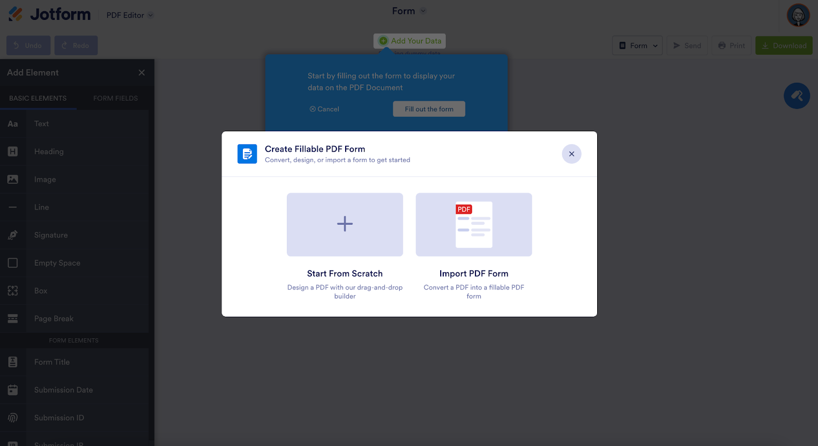 Viewing the Create Fillable PDF Form window on Jotform PDF Editor