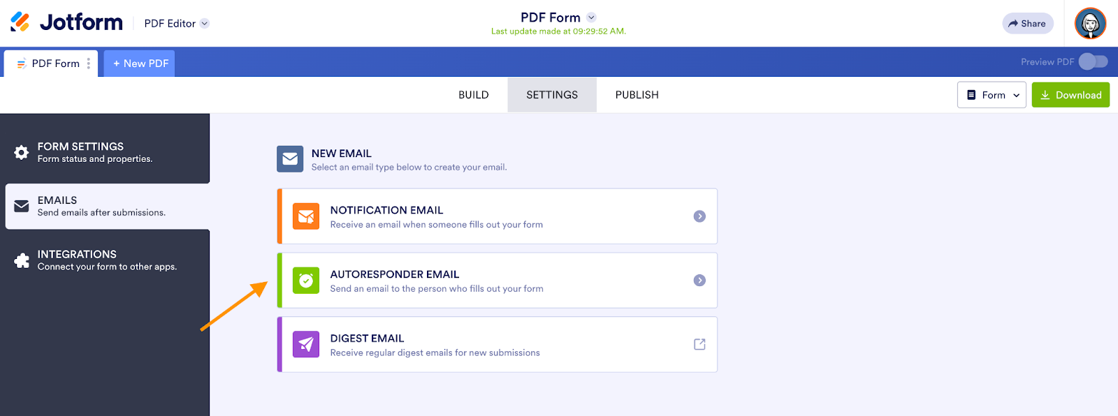 Clicking on the Autoresponder Email option on the Email Settings on Jotform PDF Editor
