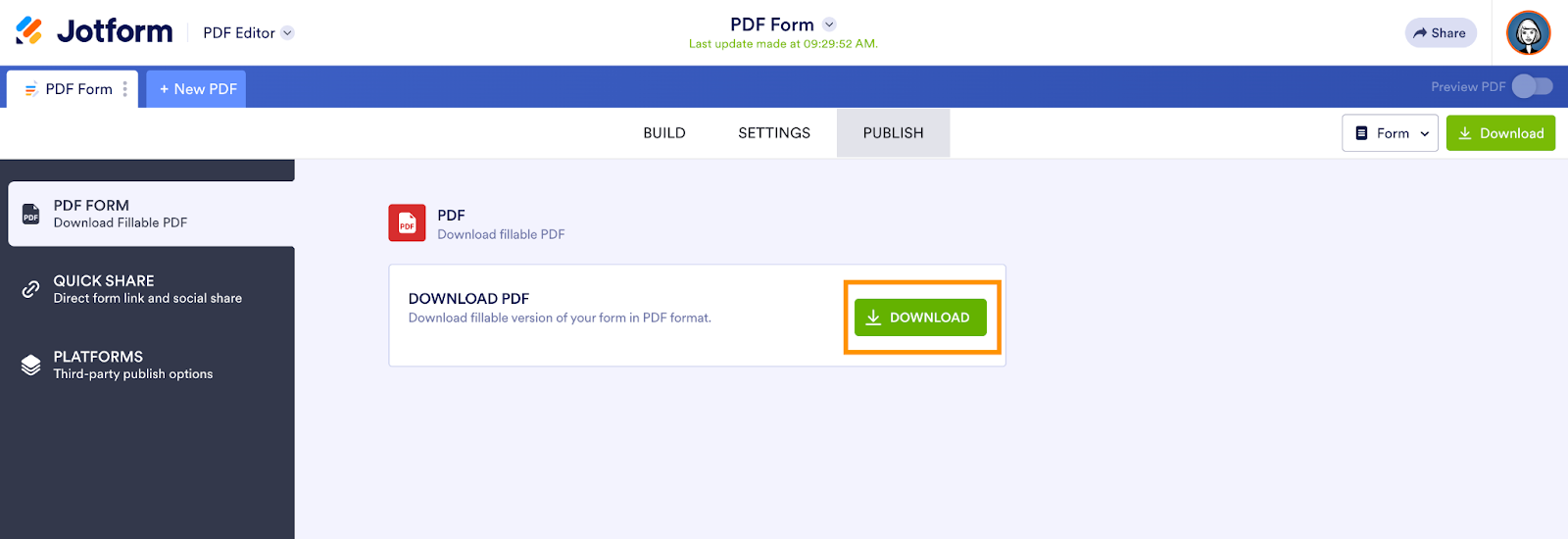 Clicking on the Download button under the PDF Form tab in Jotform PDF Editor