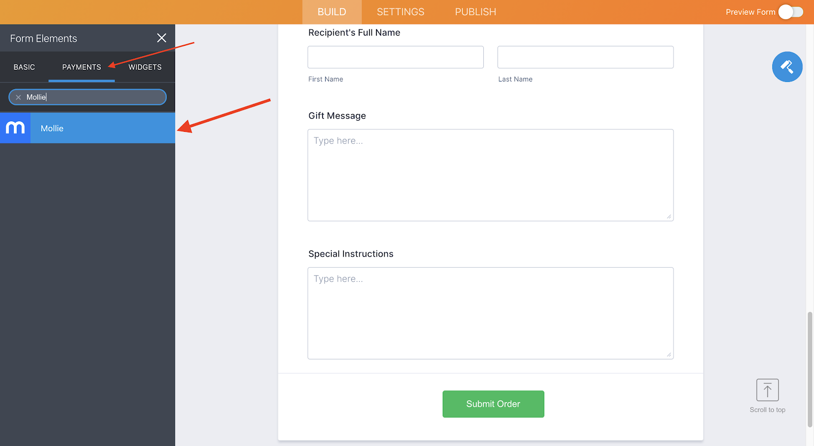 Jotform Form Builder Typing Mollie to the Payments Tab