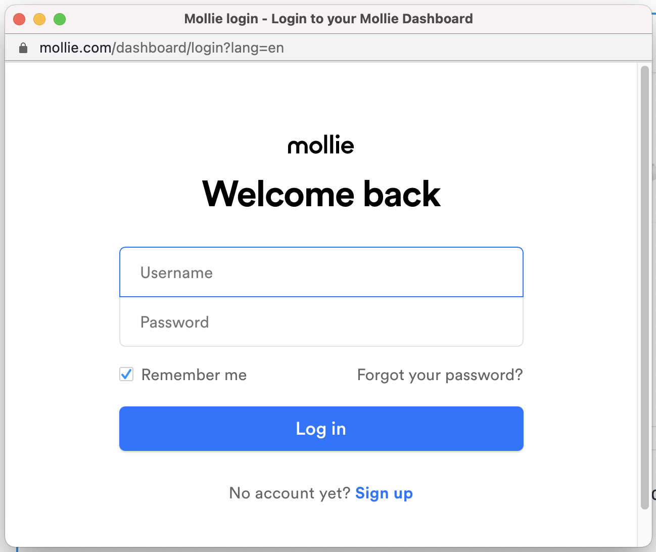 Mollie Login to Account Page
