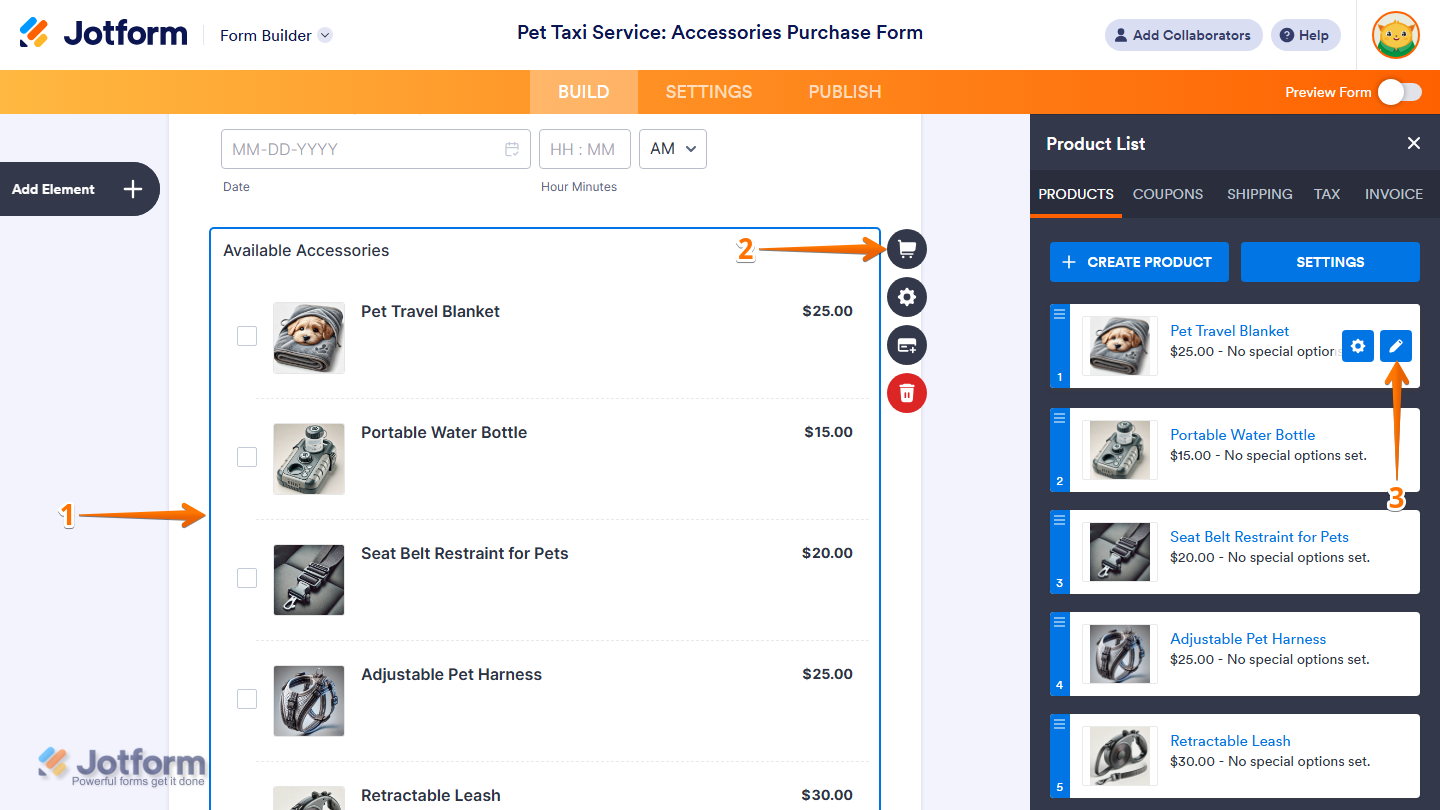 Edit button of a Product under the Products tab of the Product List window in Jotform Form Builder
