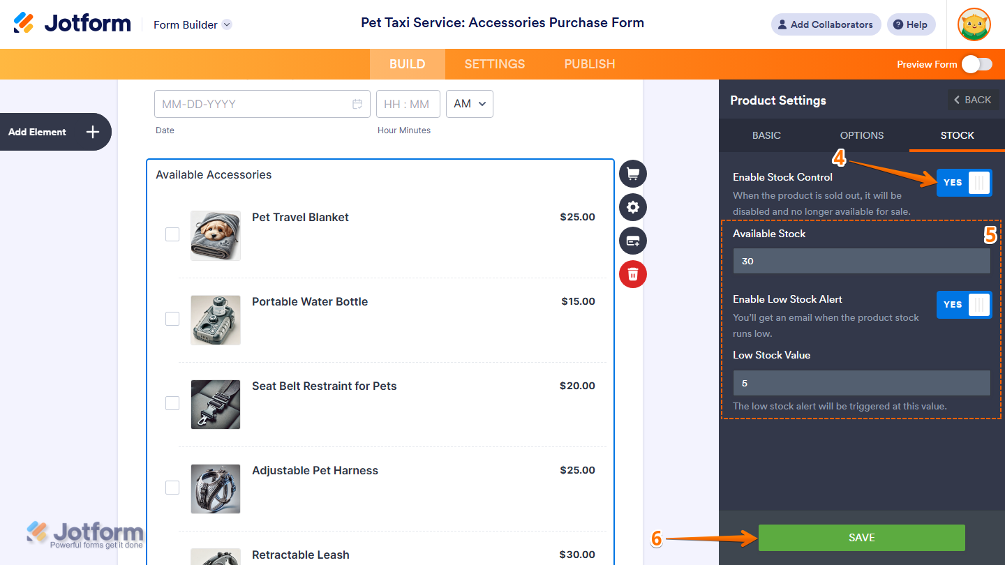 Enable Stock Control settings under the Stock tab of the Product List Settings in Jotform Form Builder