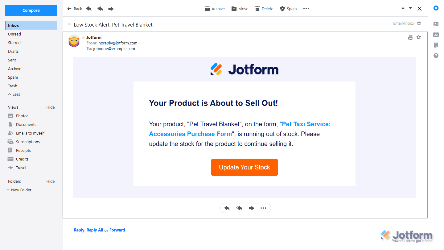 Sample Low Stock email notification sent to the form owner's email address