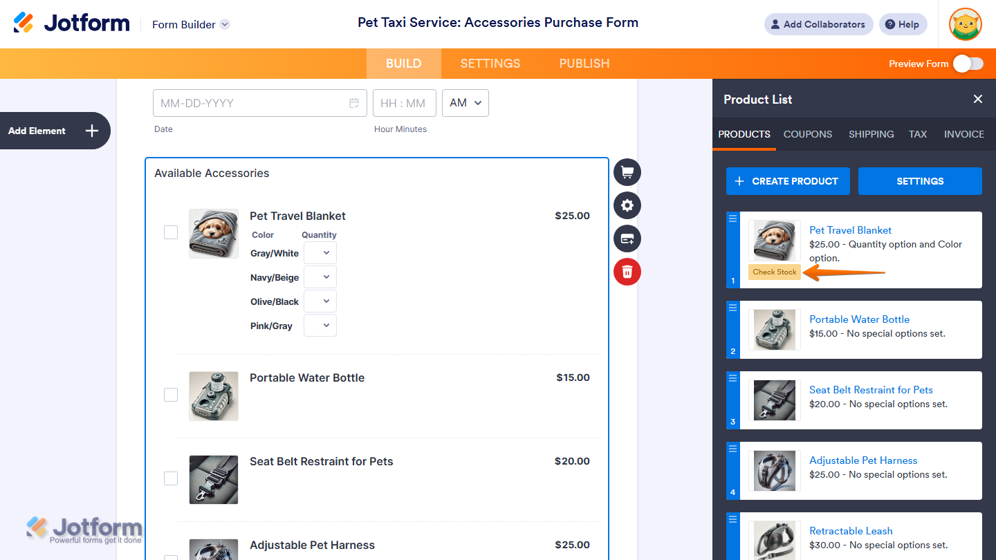 Check Stock badge of a product under the Products tab of the Product List window in Jotform Form Builder