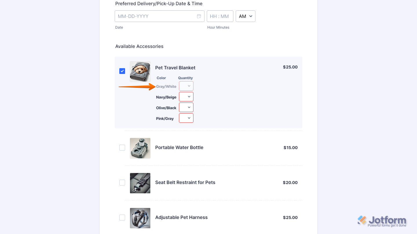 Disabled out of stock product option of a product on a Jotform payment form