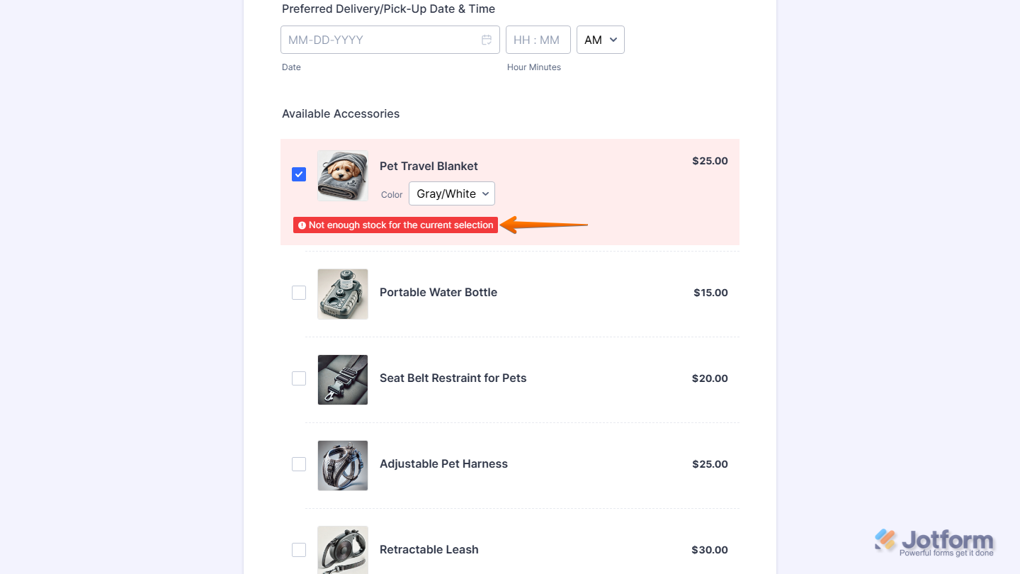 Not Enough Stock for the Current Selection warning message on a product on a Jotform payment form