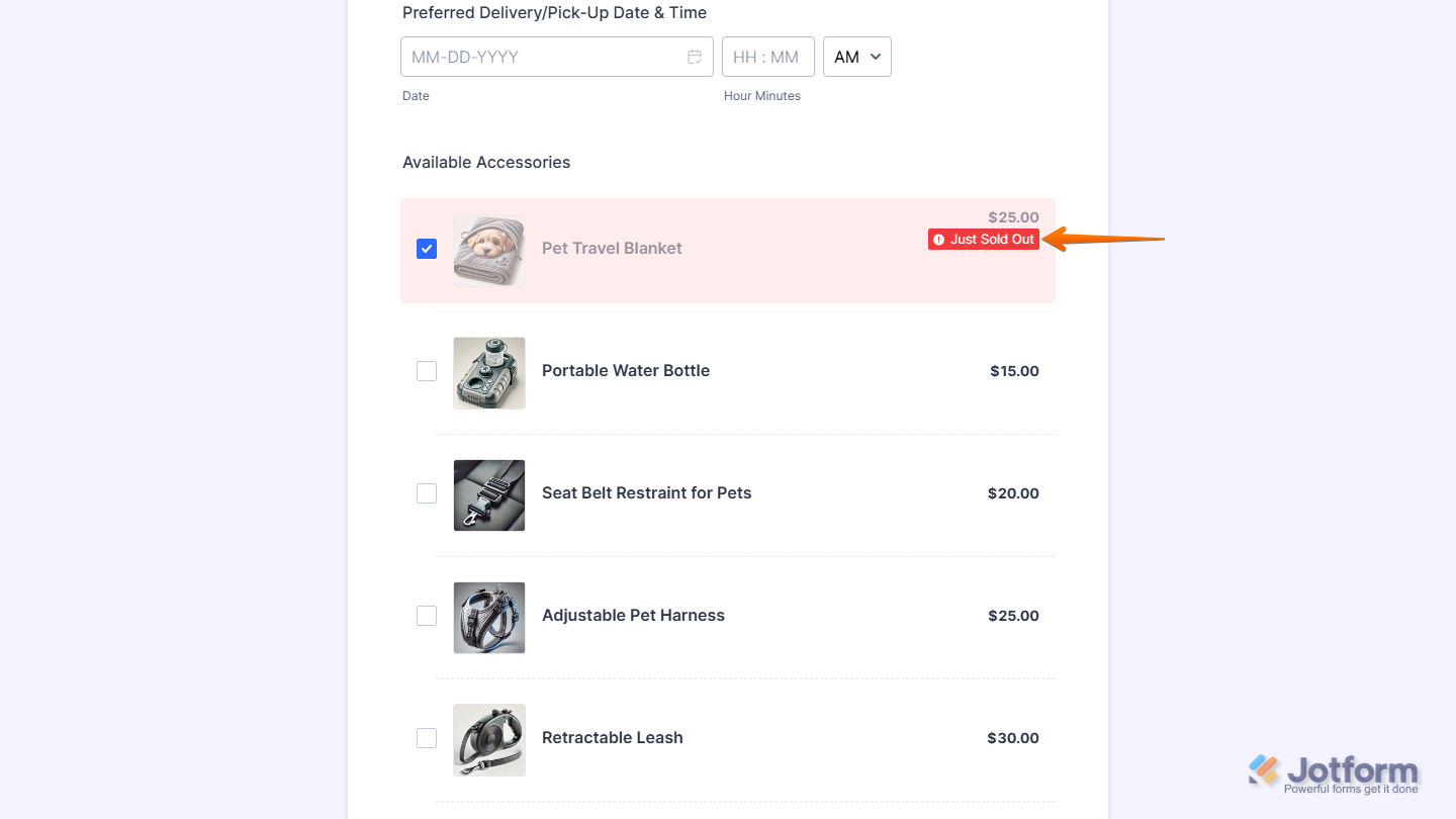 Just Sold Out badge of a product on a Jotform payment form