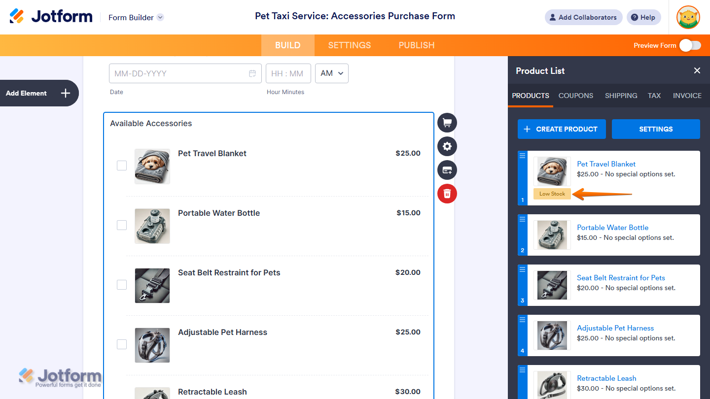 Low Stock badge of a product under the Products tab of the Product List window in Jotform Form Builder