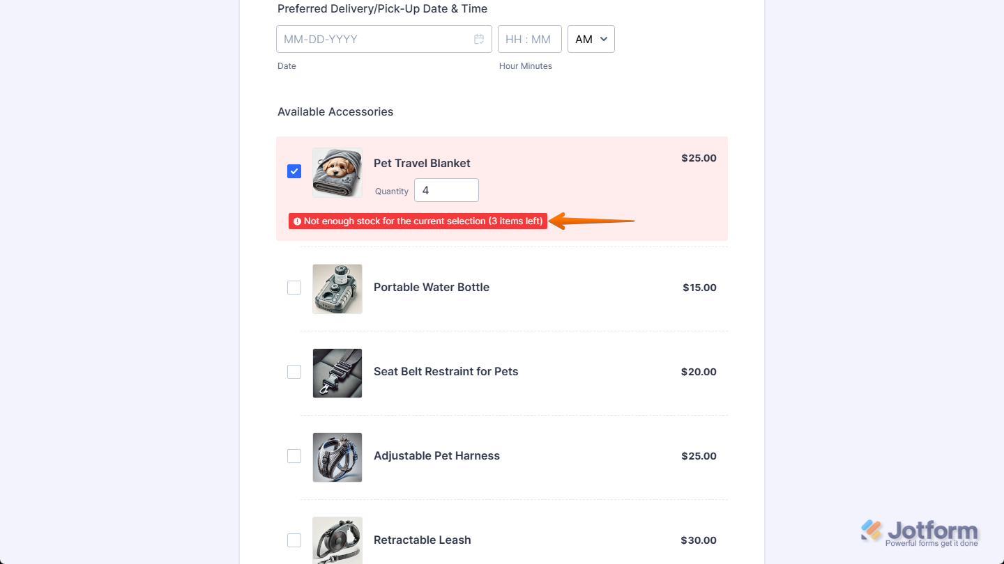 Not Enough Stock for the Current Selection warning message on a product on a Jotform payment form
