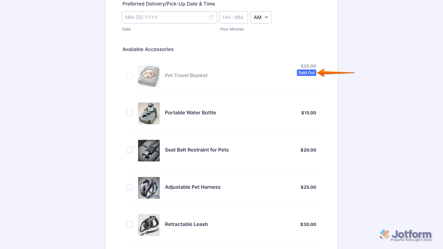 Sold Out badge of a product on a Jotform payment form