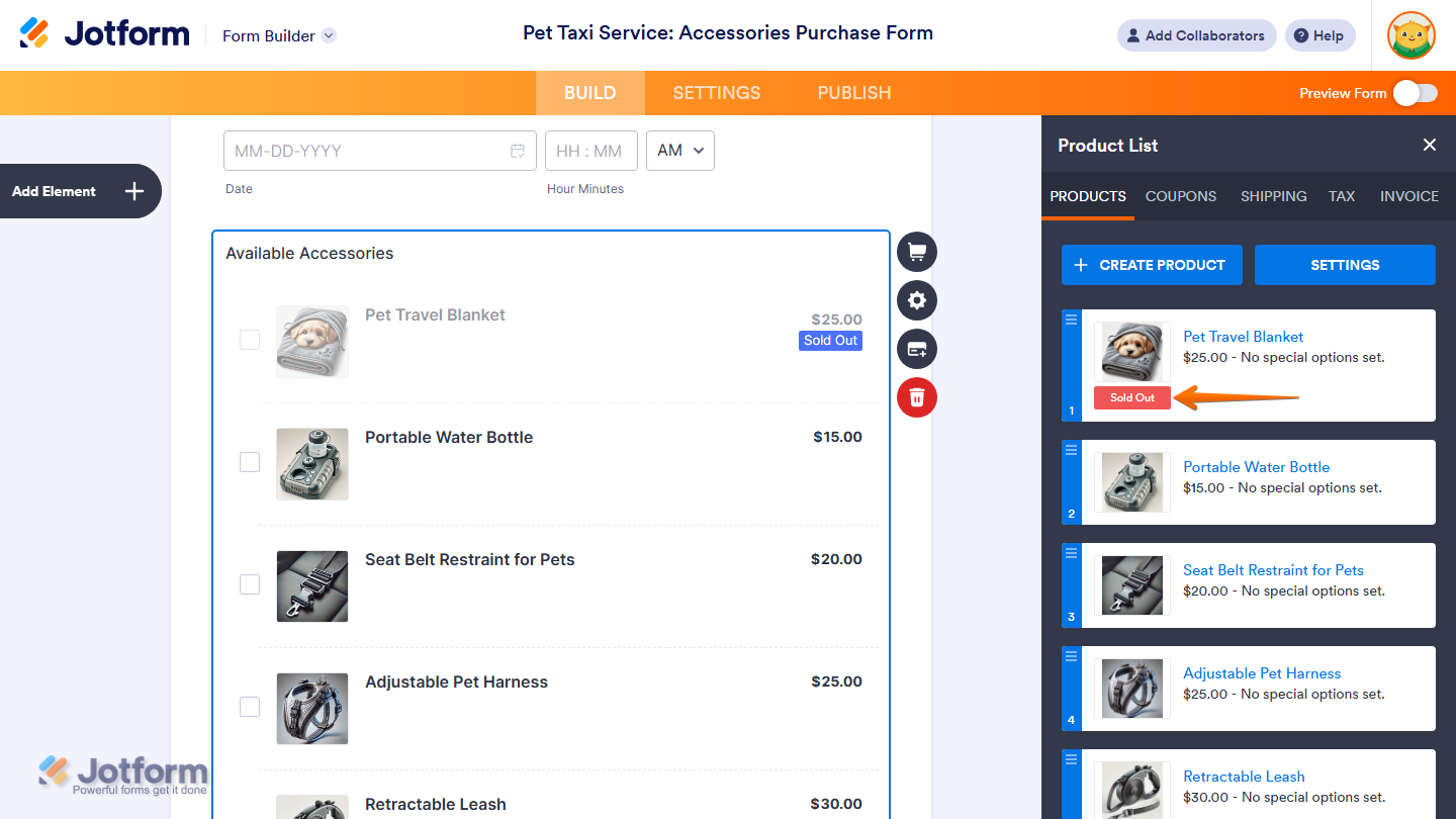 Sold Out badge of a product under the Products tab of the Product List window in Jotform Form Builder