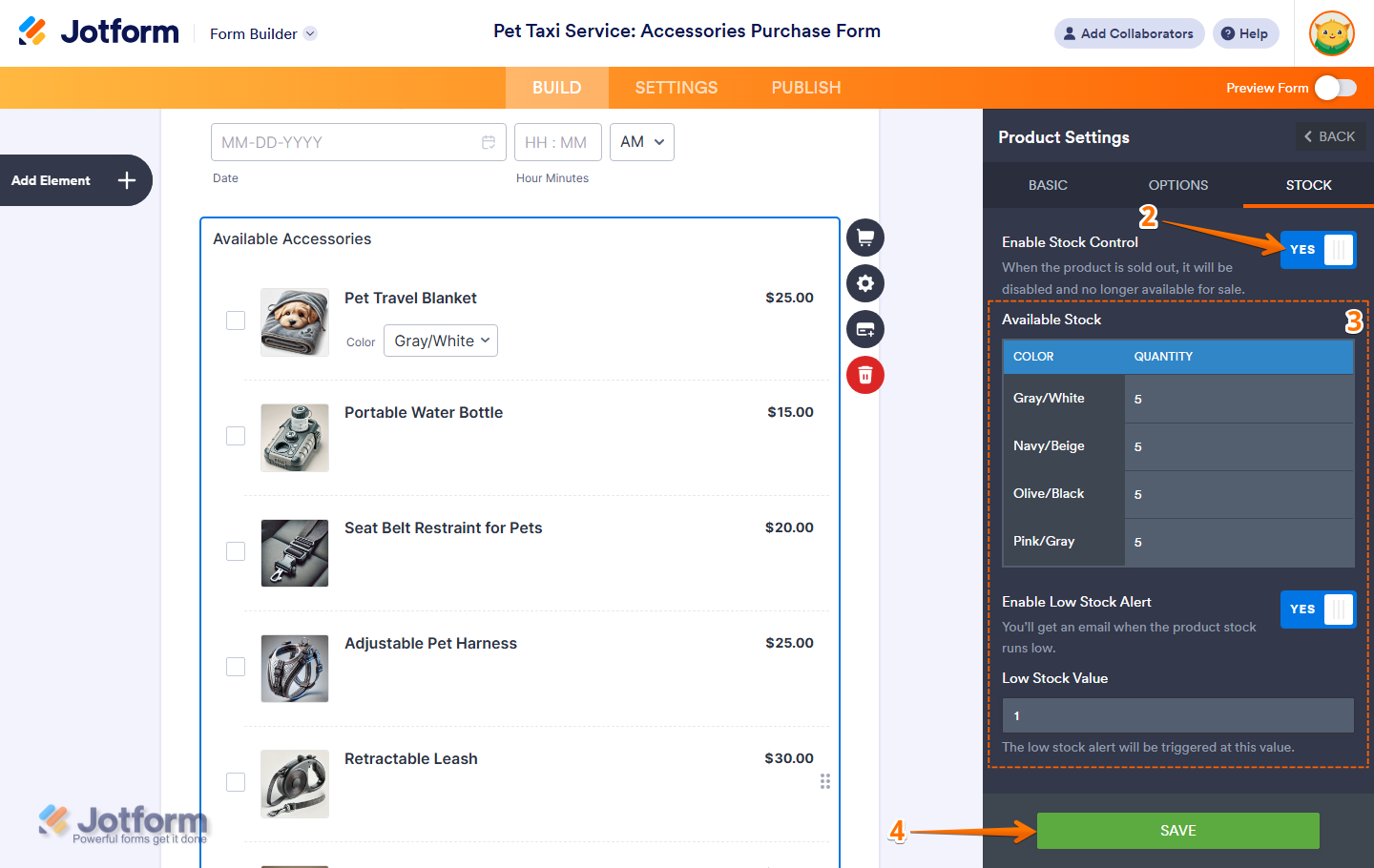 Quantity column of the Available Stock table under the Stock tab of the Product List Settings in Jotform Form Builder