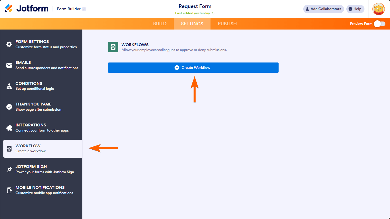 Un botón Crear Flujo de Trabajo en el Constructor de Formularios de Jotform