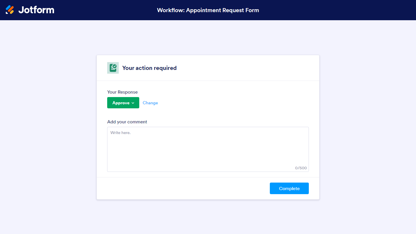 Approvers Action page in Jotform