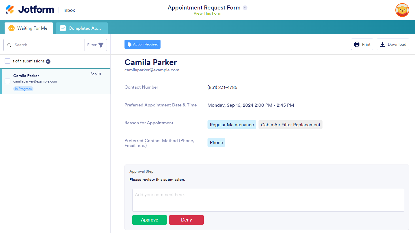 Approval Step buttons on the Waiting For Me tab of assigned workflows in Jotform Inbox